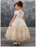 Cap Sleeve Champagne Lace Tulle Tea Length Corset Back Flower Girl Dress